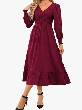 Gorgeous Burgundy V-neck wrap dress with later sleeve and ruffle cuff-Super Soft